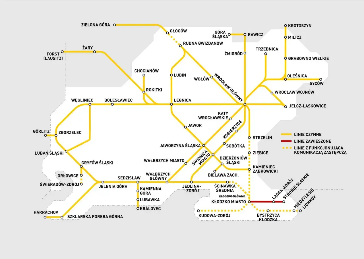 Mapa kolejowa Dolnego Śląska. Jak dojechać PKP do Świeradów-Zdrój? Sprawdź połączenia z Jeleniej Góry lub Gryfowa Śląskiego.