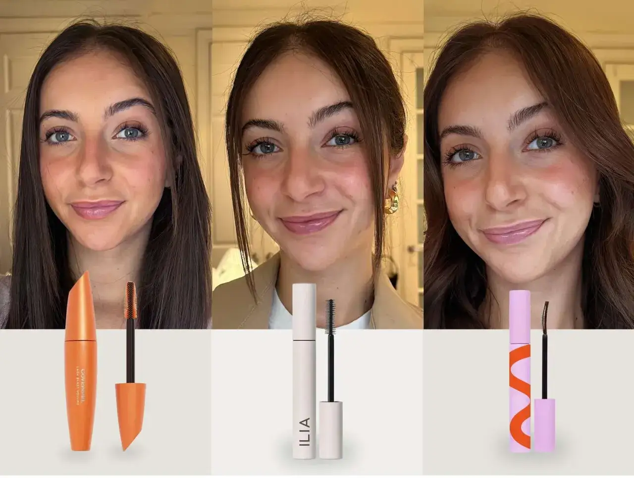 Tre ansikten med olika mascaror. Se mascara tips för att få volym och längd.