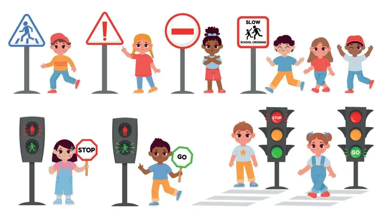 Kinder lernen Verkehrsregeln: Fußgängerampeln, Stoppschilder und ein