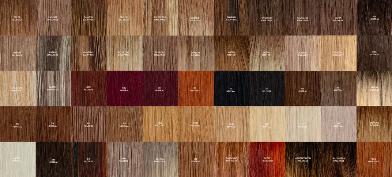 En palett av olika hårfärger från Redken, från ljusa blonda toner till djupa bruna och röda nyanser.