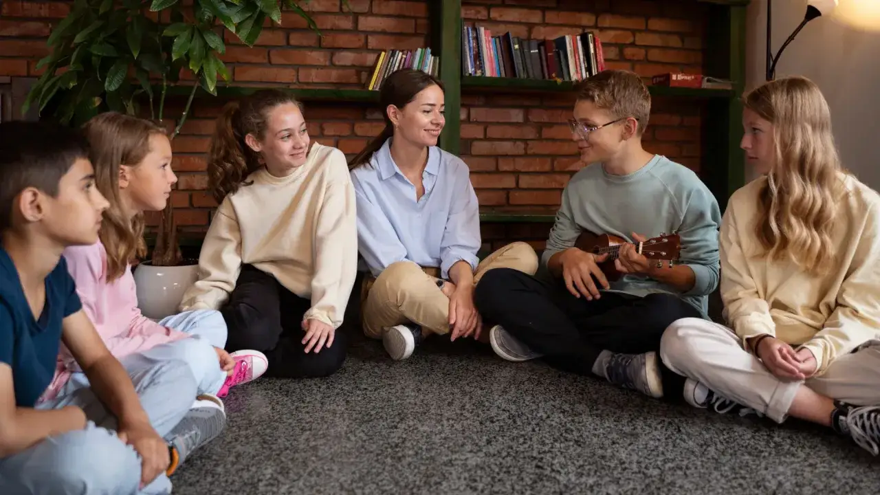 Grupa dzieci i młodzieży siedzi w kręgu, słuchając chłopca grającego na ukulele. To scena z zajęć socjoterapii, gdzie budują relacje.