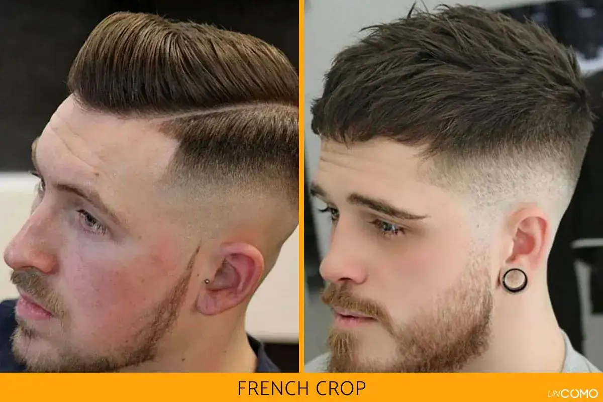 Dos hombres con el corte de pelo French Crop, uno con raya marcada y el otro con flequillo desordenado.