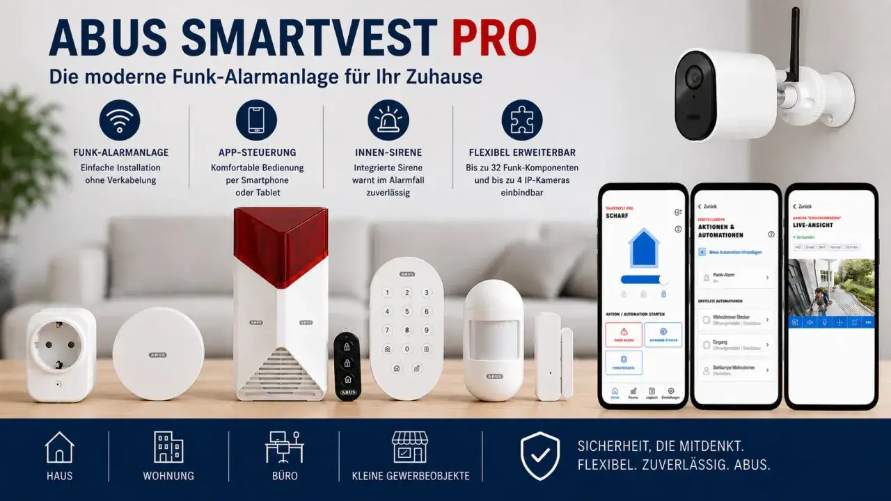ABUS Smartvest Pro: Test Alarmanlagen für Haus, Wohnung, Büro. Funk-Alarm, App-Steuerung, Sirene, erweiterbar mit Kameras.