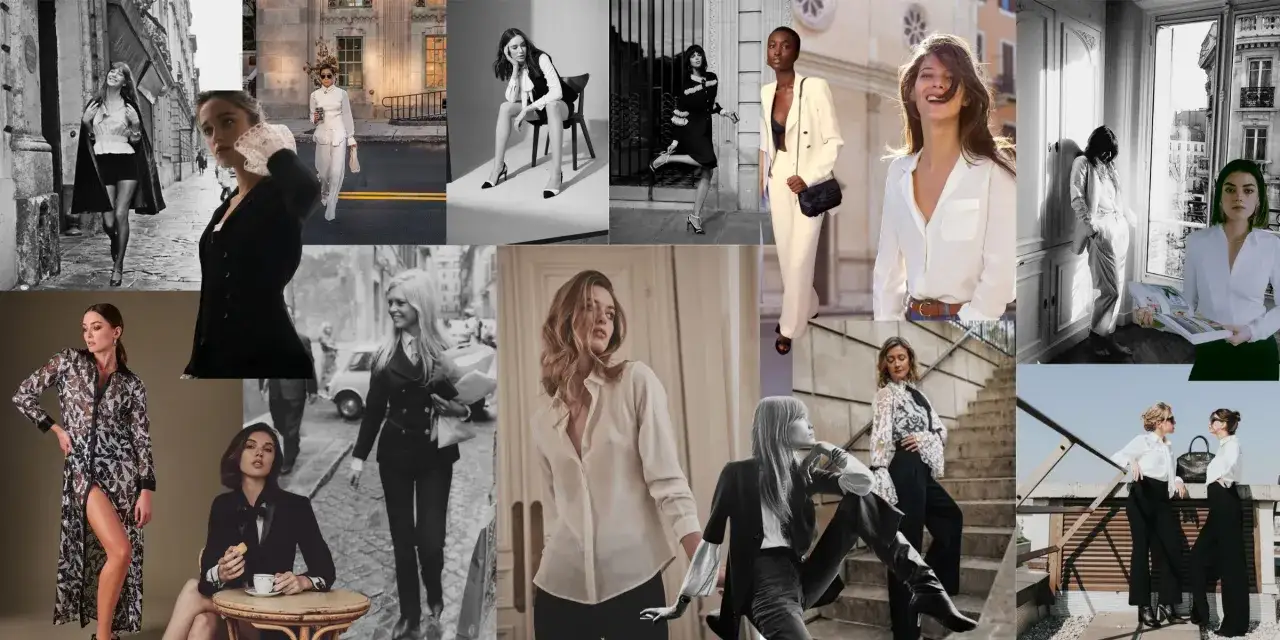 Collage von Frauen in stilvoller Kleidung, die zeitlose Eleganz und slow fashion verkörpern.