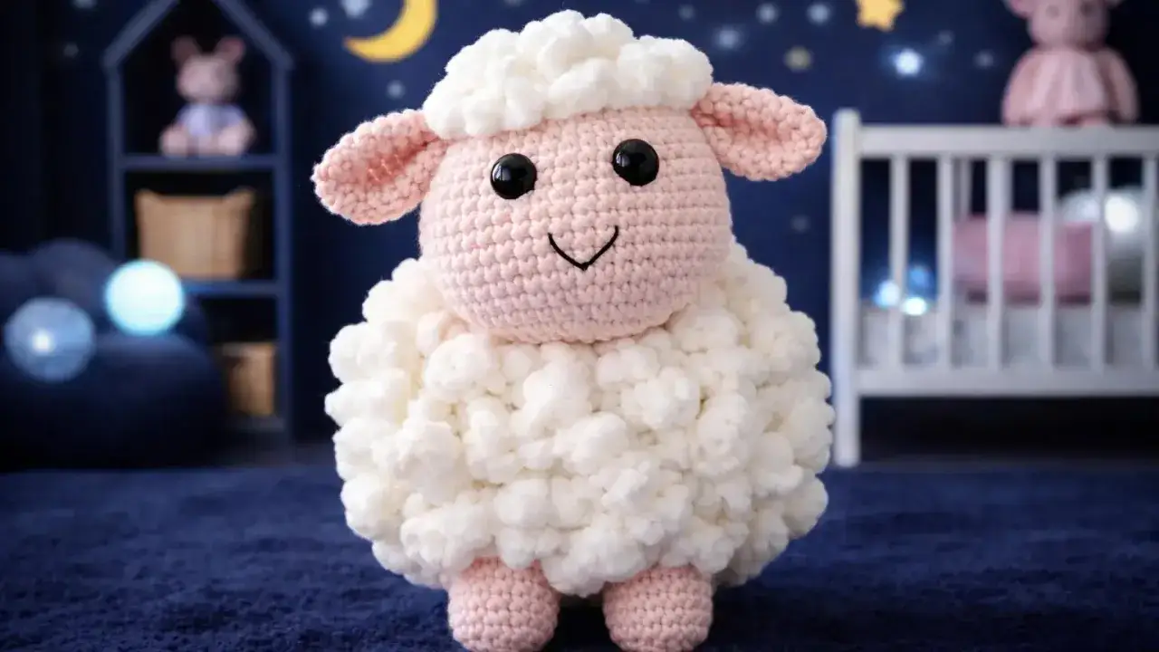 Tierna oveja amigurumi de crochet, con lana blanca y detalles rosados, lista para acompañar dulces sueños en una habitación infantil.