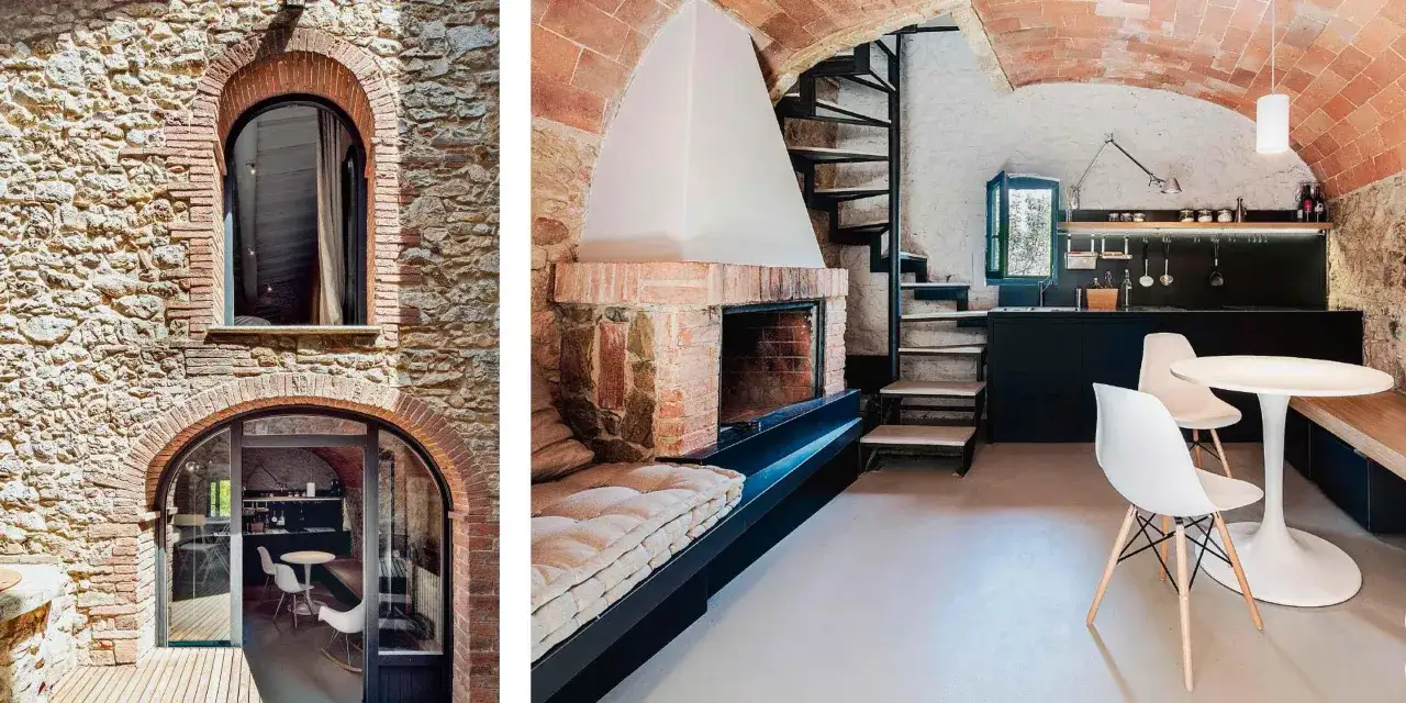 Ristrutturare casa antica: idee per un soggiorno moderno con camino in pietra, scala a chiocciola e cucina a vista.