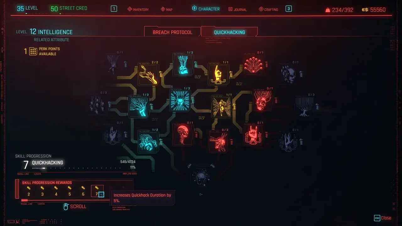 Cyberpunk poradnik: drzewko umiejętności Quickhacking z ikonami, postępem i nagrodami.
