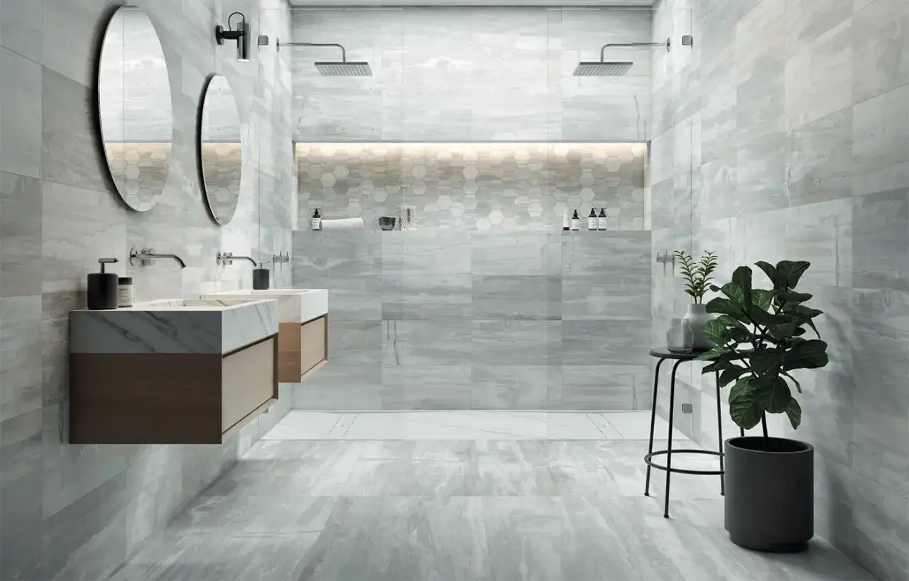 Modern bathroom with dual, **duchas de obra a ras de suelo fotos**. Floating vanities and large format tiles create a spa-like feel.