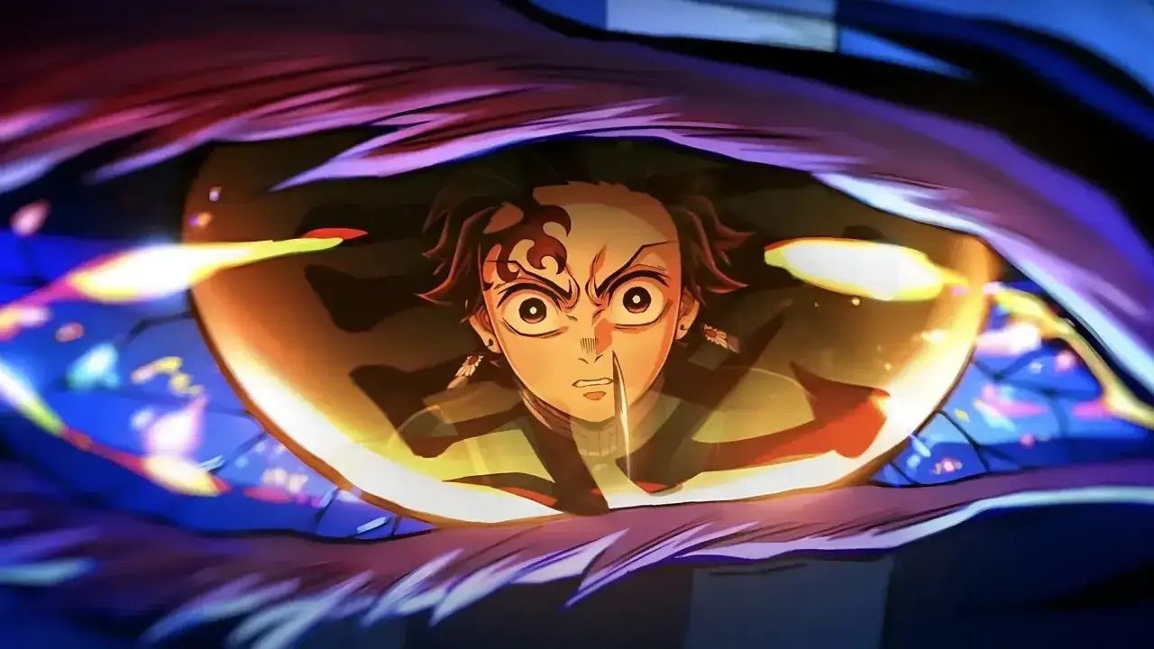 Tanjiro blickt entschlossen aus dem Auge eines Dämons im Infinity Castle von Demon Slayer: Kimetsu no Yaiba.