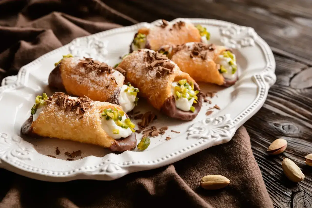 Sześć pysznych cannoli z kremem, pistacjami i czekoladą. Idealne na deser, gdy szukasz przepisu na cannoli.