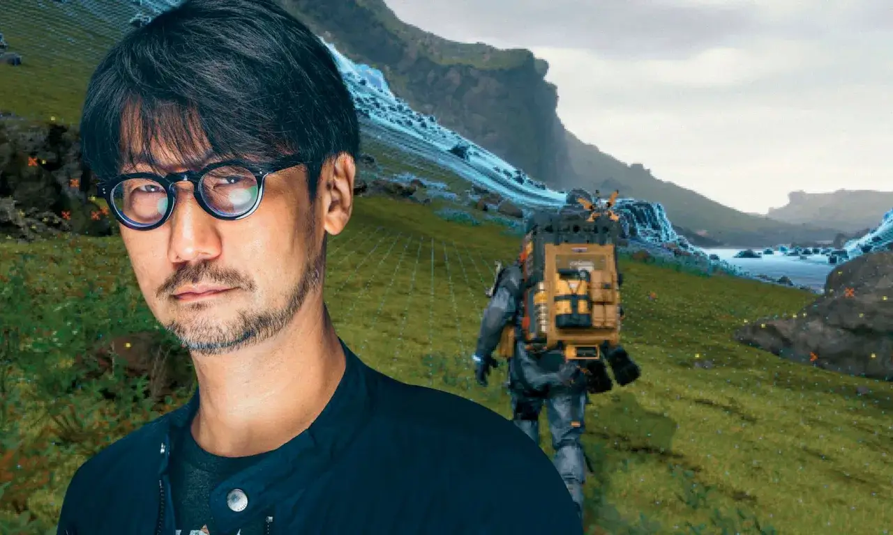 Hideo Kojima, twórca gier, na tle krajobrazu z Death Stranding. Postać z plecakiem przemierza zieloną dolinę.