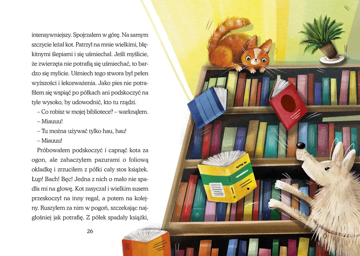 Zabawna ilustracja z książkami dla dziewczynki 9 lat. Kot i pies wpadli na pomysł, by zrobić bałagan w biblioteczce.