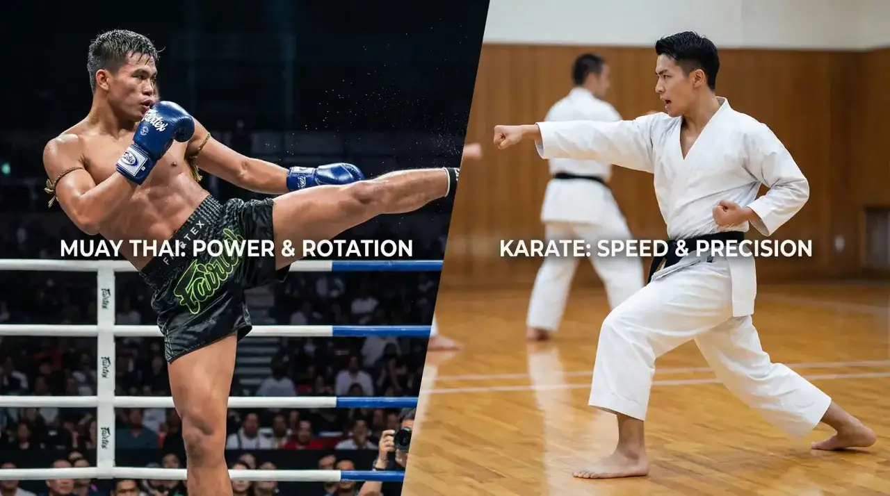 Muay Thai-ut&ouml;vare i aktion, likt Aleksandar Subosic, visar kraft och rotation. Bredvid, en karateut&ouml;vare demonstrerar snabbhet och precision.