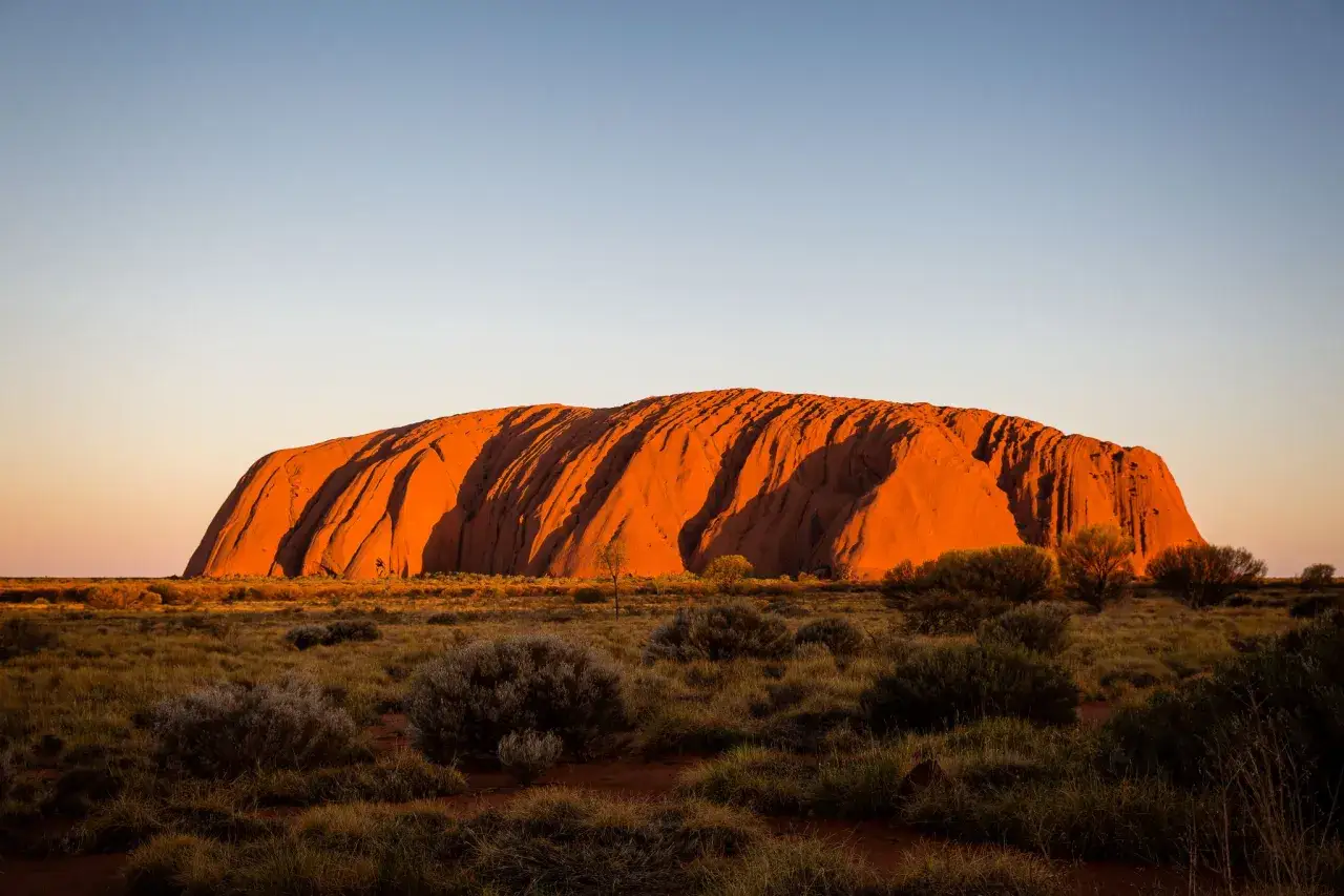 Uluru, święte miejsce Aborygenów, lśni w złotym świetle zachodzącego słońca, otoczone pustynną roślinnością.
