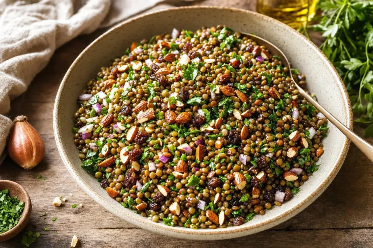 Salade de lentilles colorée avec amandes, raisins secs et persil frais. Un plat sain et savoureux.