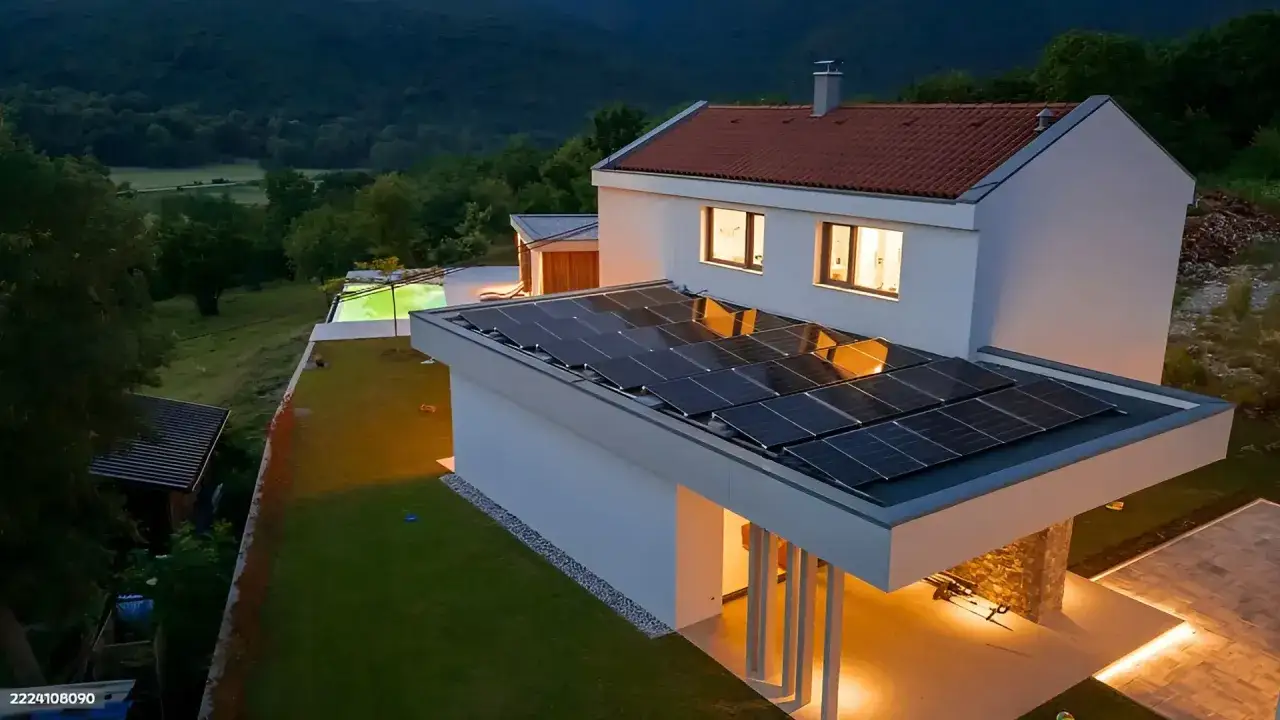 Casa moderna con paneles solares, piscina y vistas a la montaña. Reflexión sobre los pros y contras de las energías renovables.