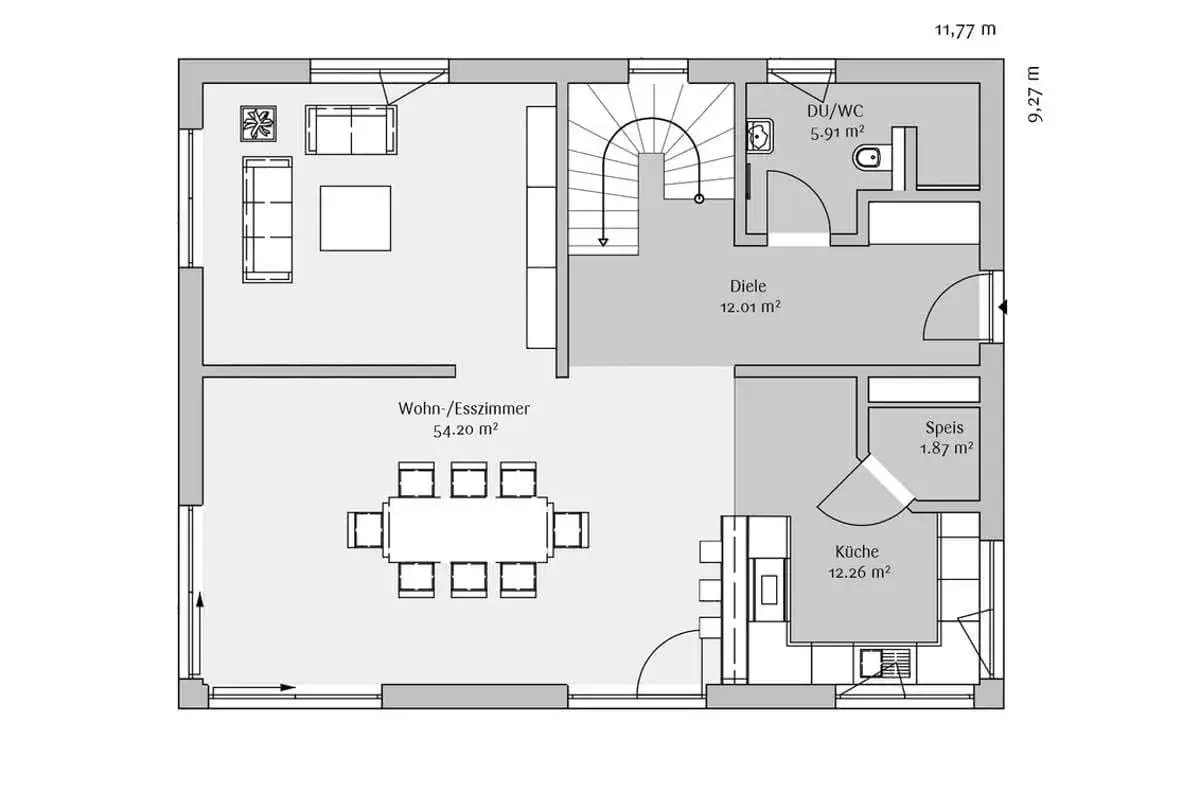 Grundriss eines modernen Traumhauses mit großem Wohn-/Essbereich, Küche, Diele, Bad und Speisekammer.