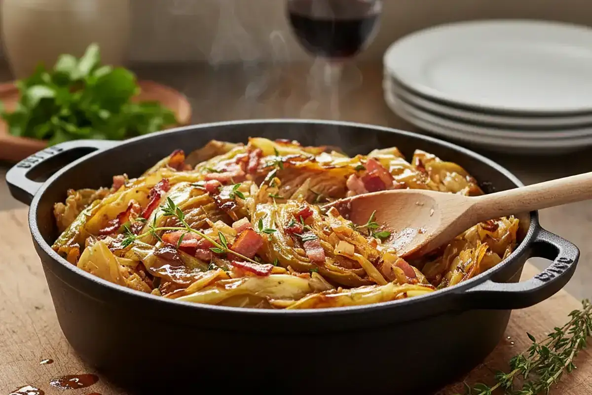 Un plat fumant de chou brais&eacute; aux lardons, garni de thym frais, servi dans une cocotte en fonte. Une cuill&egrave;re en bois est pr&ecirc;te &agrave; servir ce d&eacute;lice r&eacute;confortant.