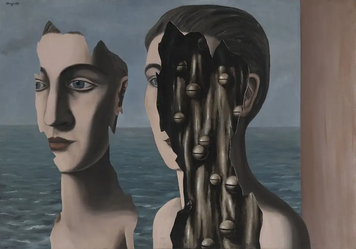 Dwie połówki twarzy, jedna z niebieskimi oczami, druga odsłaniająca wnętrze z kulkami. To właśnie jest surrealistyczne co to.