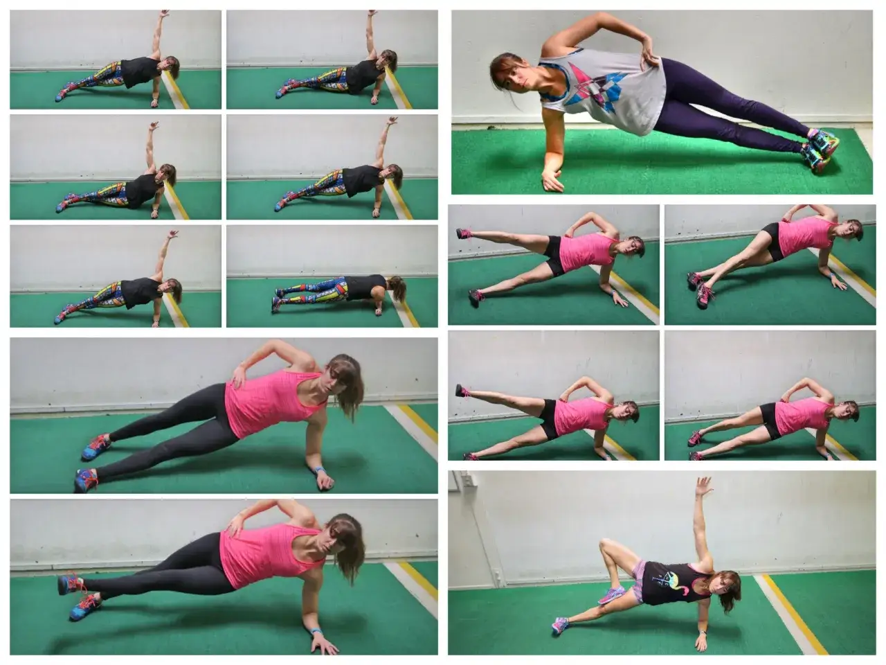 Série d'exercices de gainage latéral dynamique, montrant différentes variations de la planche latérale avec mouvements de jambes et de hanches.