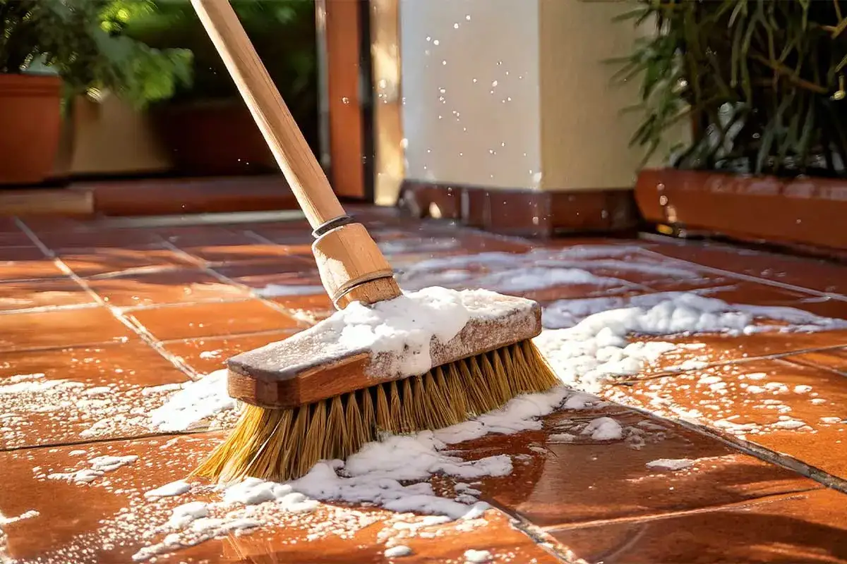 Brosse en action pour nettoyer terrasse carrelage. La mousse blanche et les éclaboussures témoignent d'un nettoyage efficace.