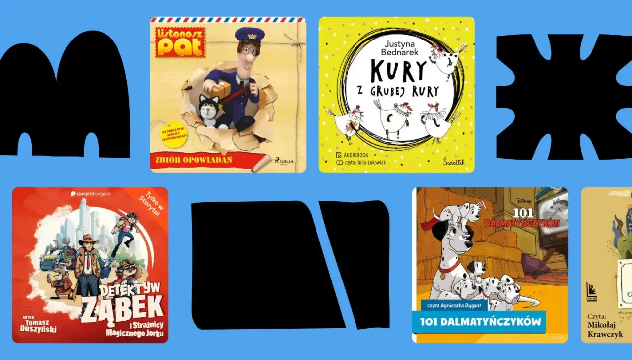 Kolekcja najlepszych audiobooków dla dzieci: Listonosz Pat, Kury z Grubej Rury, Detektyw Ząbek i 101 Dalmatyńczyków.