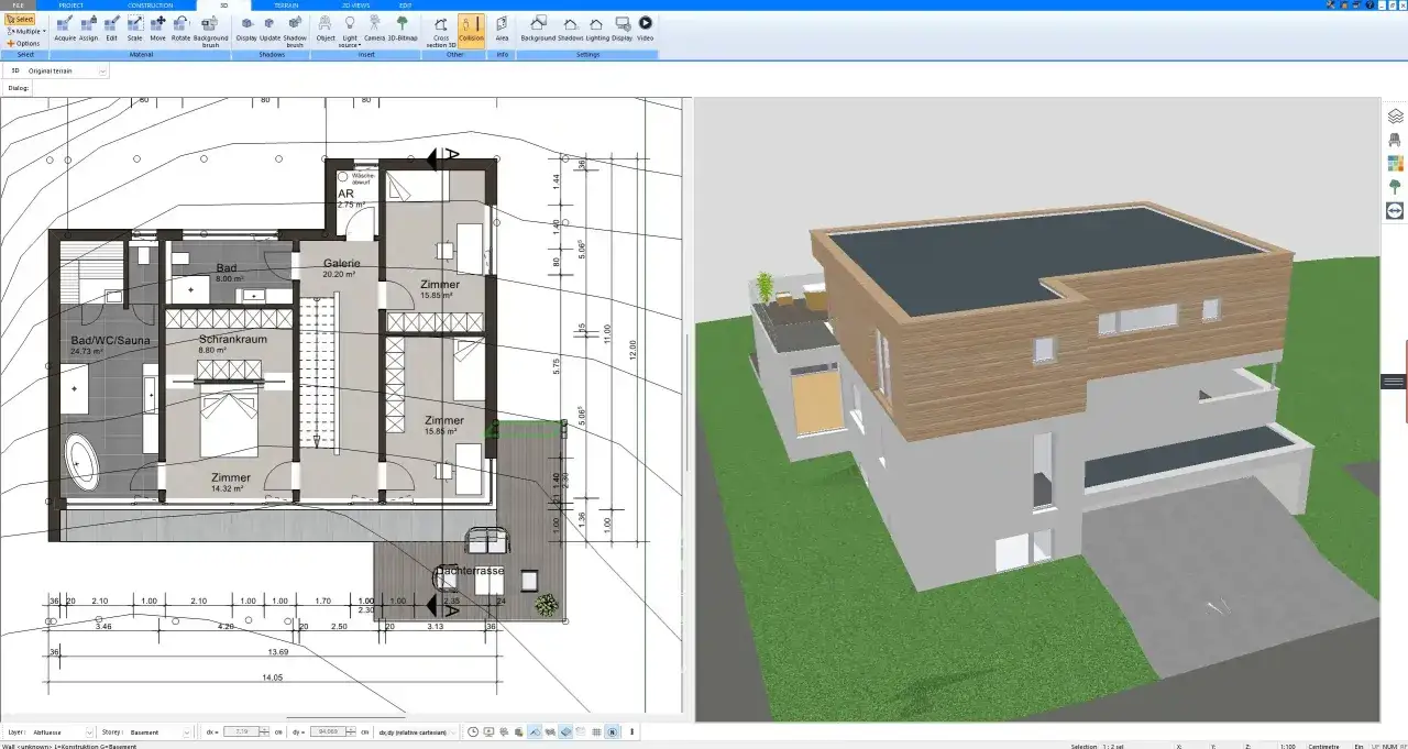 Program do projektowania domu pokazuje plan piętra i wizualizację 3D nowoczesnego budynku z drewnianą elewacją.