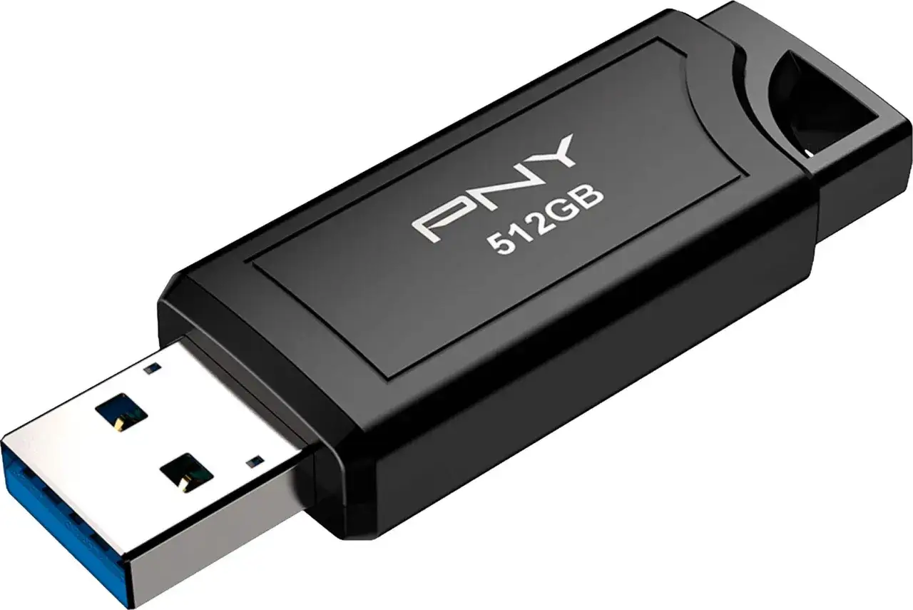 Czarny pendrive PNY 512GB, idealny do Windows 10, z niebieskim złączem USB 3.0.