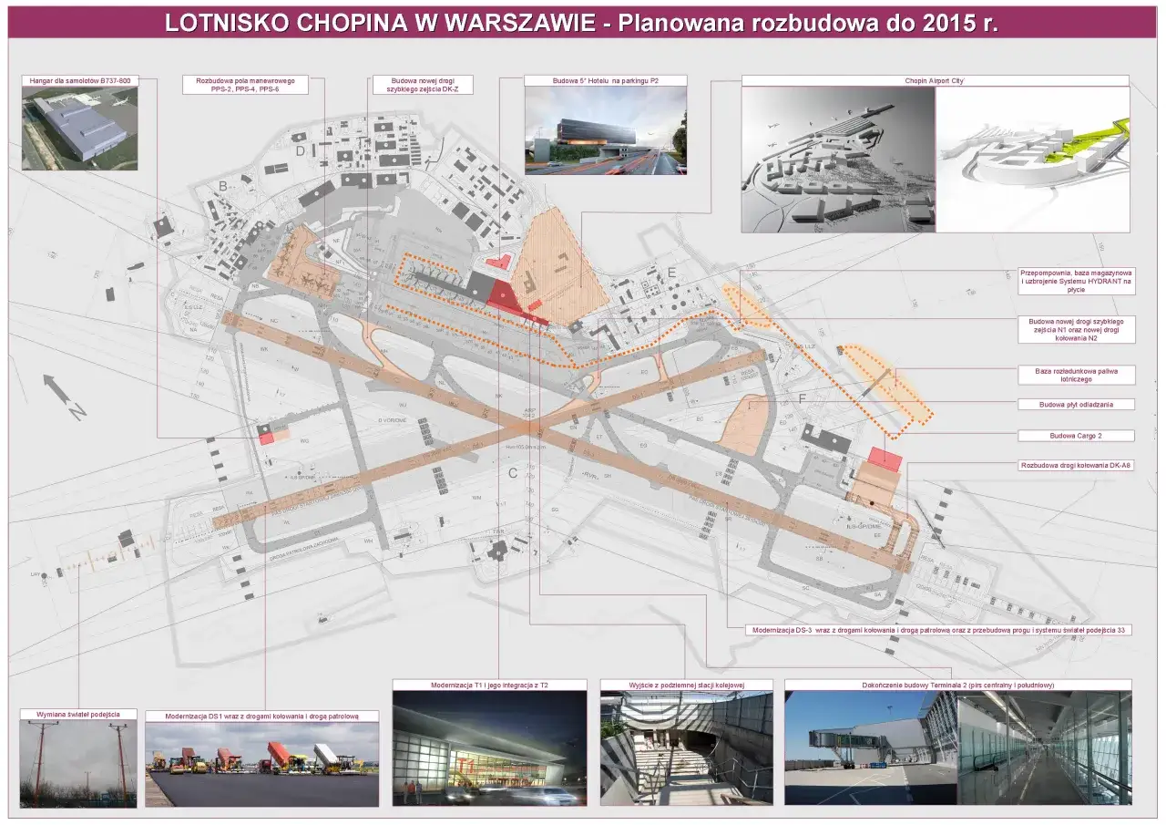 Plan rozbudowy Lotniska Chopina w Warszawie do 2015 r. pokazuje, ile jest lotnisk w Warszawie - jedno główne lotnisko z planowanymi inwestycjami.