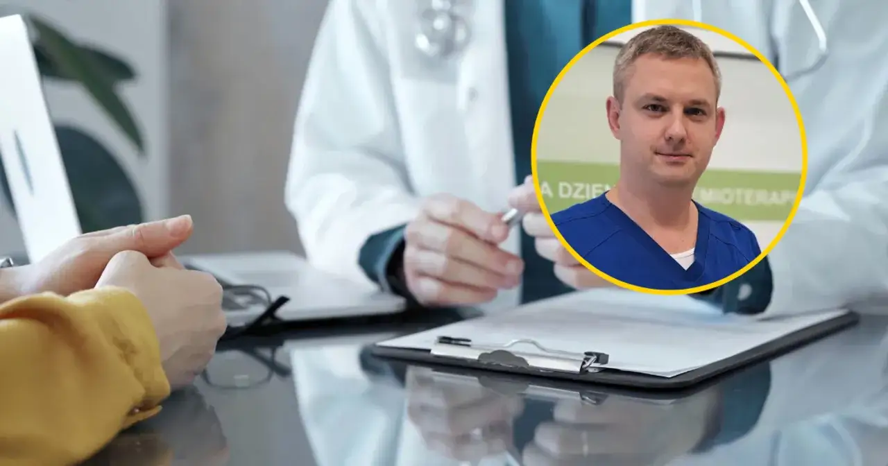 Pacjent po radioterapii rozmawiający z lekarzem