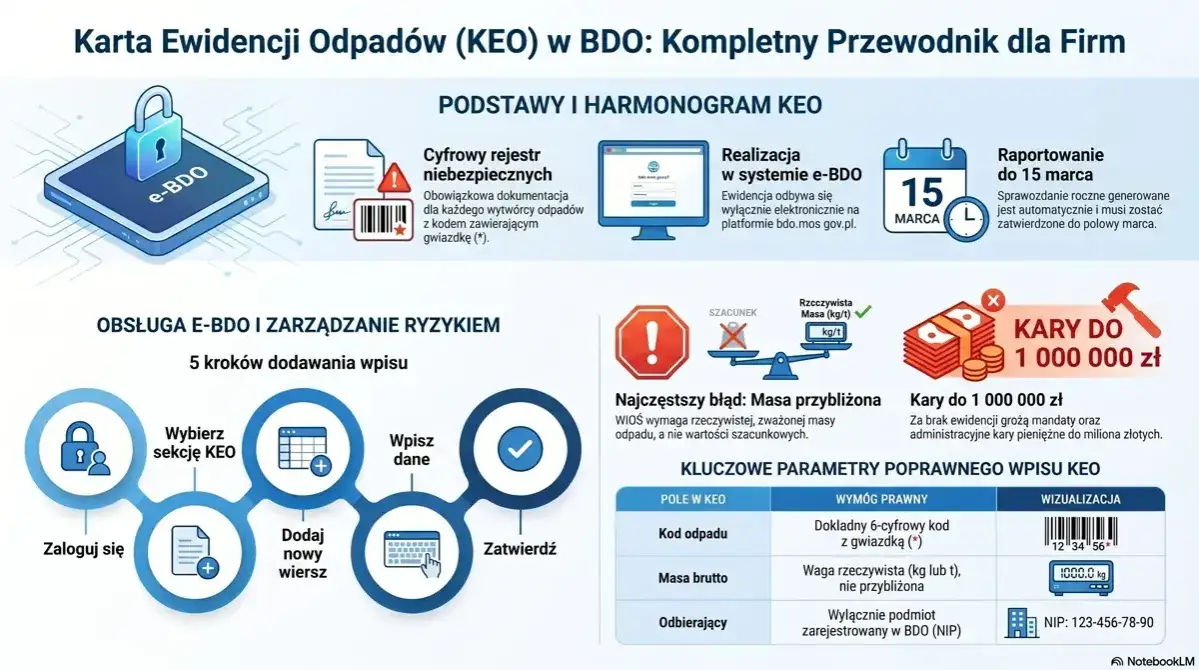 Karta Ewidencji Odpadów (KEO) w BDO: przewodnik dla firm. Dowiedz się, bdo co to jest, jak obsługiwać e-BDO, jakie są kary i jak zarządzać ryzykiem.