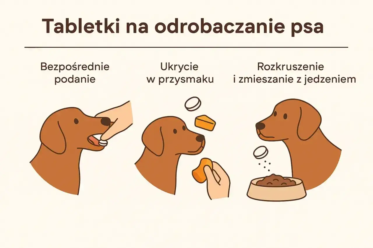 Ilustracja pokazuje trzy sposoby, jak podać psu tabletkę: bezpośrednio do pyska, ukrytą w przysmaku lub rozkruszoną i zmieszaną z jedzeniem.