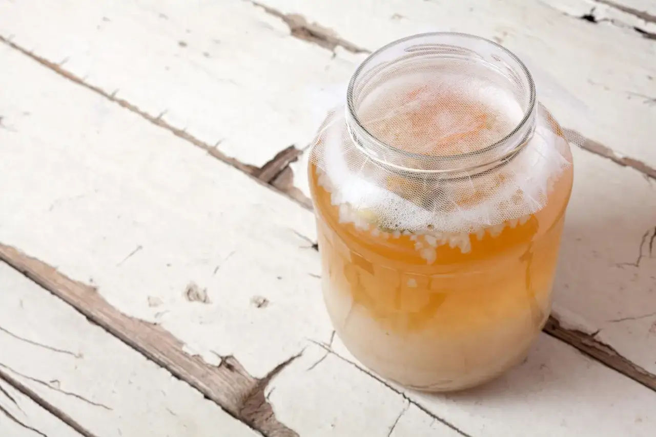 Glas mit sprudelndem Wasserkefir, bereit f&uuml;r ein wasserkefir rezept ohne zucker. Die Fermentation beginnt!