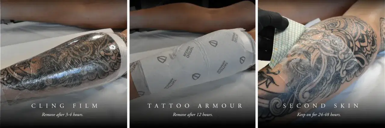 Schritt-f&uuml;r-Schritt-Anleitung: Wann Folie ab nach Tattoo? Erst Frischhaltefolie, dann Tattoo-Schutz, zuletzt Second Skin.