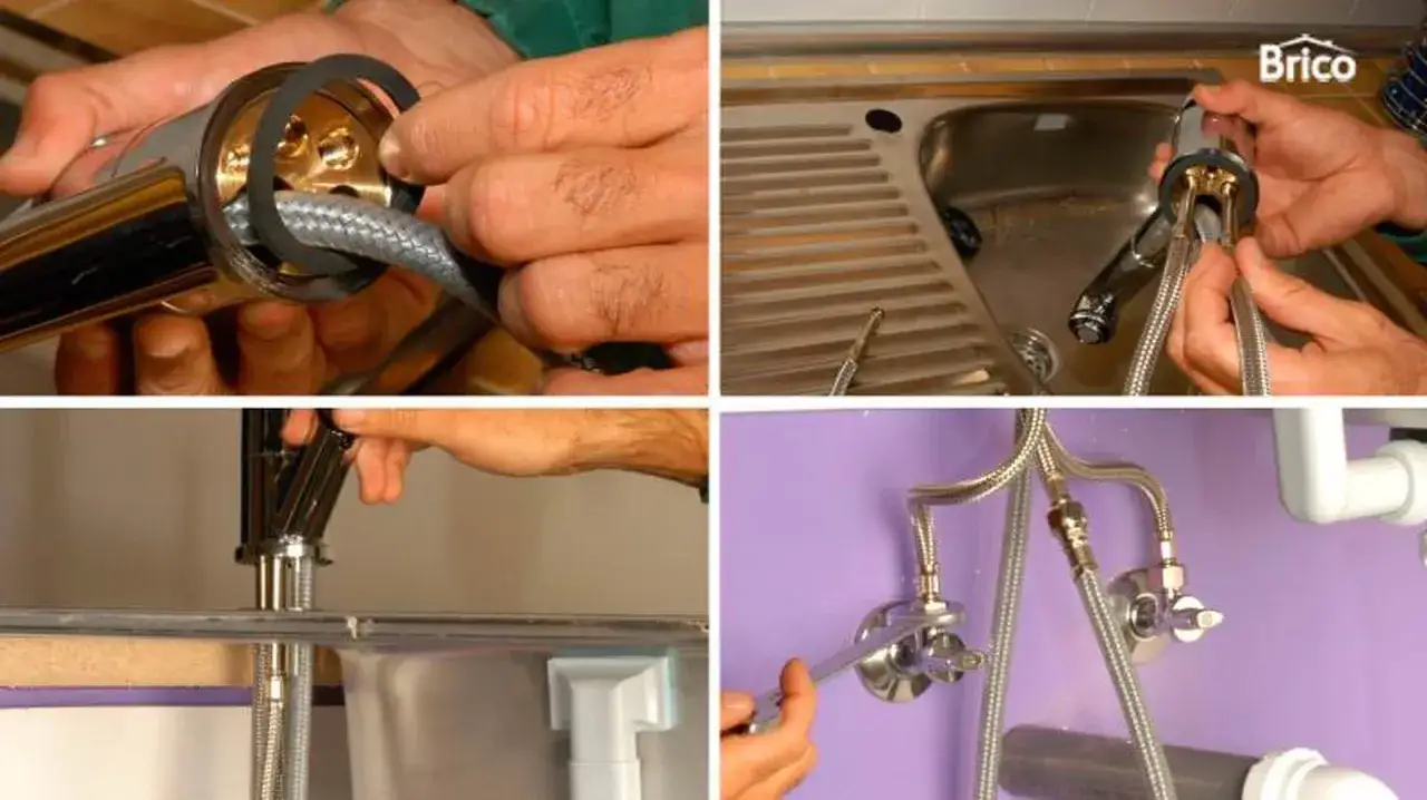 Manos instalando un grifo nuevo en la cocina. Paso a paso para cambiar grifo cocina.