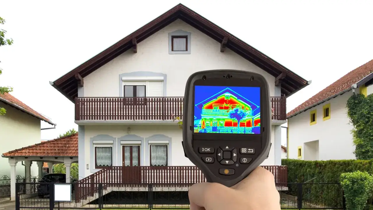 Termocamera mostra la dispersione di calore di una casa, utile per una diagnosi energetica accurata.