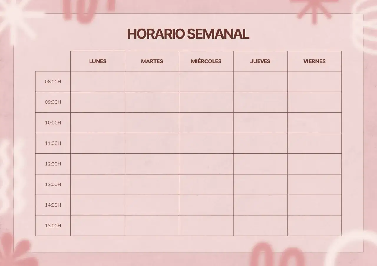 Un horario semanal vac&iacute;o con celdas para cada hora y d&iacute;a, ideal para crear horarios bonitos y organizados.