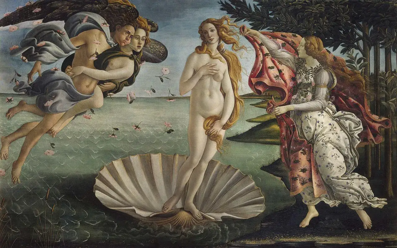 La Naissance de V&eacute;nus, un des tableaux c&eacute;l&egrave;bres de Botticelli, d&eacute;peint la d&eacute;esse sur une coquille, accueillie par Z&eacute;phyr et une Hora.
