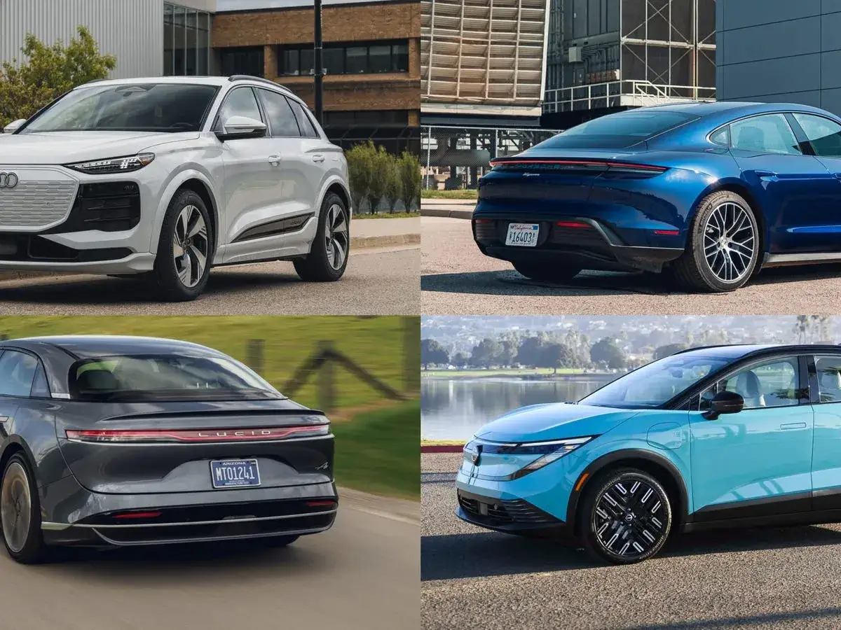 Białe Audi, niebieski Porsche, szary Lucid i błękitny elektryk. Szukasz taniego elektryka? Te auta to marzenie!