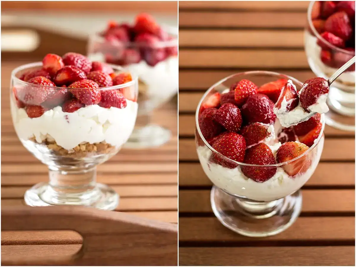 Pyszny deser z mascarpone i świeżymi truskawkami w pucharku. Kremowa masa z owocami i chrupiącą warstwą na dnie.