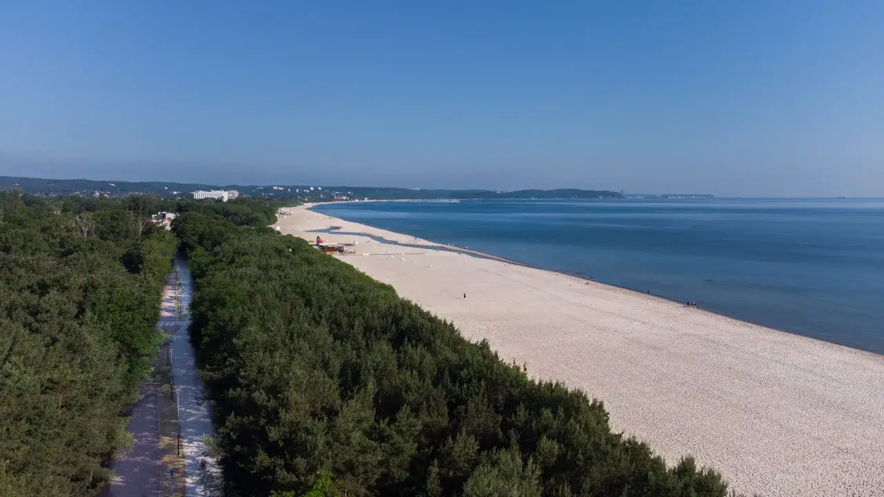 Szeroka, piaszczysta jelitkowo plaża rozciąga się wzdłuż zielonego lasu i spokojnego morza.