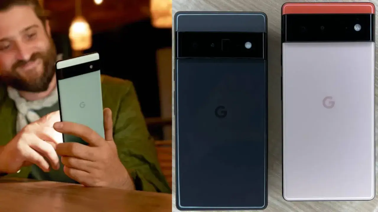 Por&oacute;wnanie telefon&oacute;w Google. Po lewej mężczyzna trzyma jasnoszary Pixel 6a. Po prawej dwa telefony: czarny i jasnor&oacute;żowy Pixel 6.