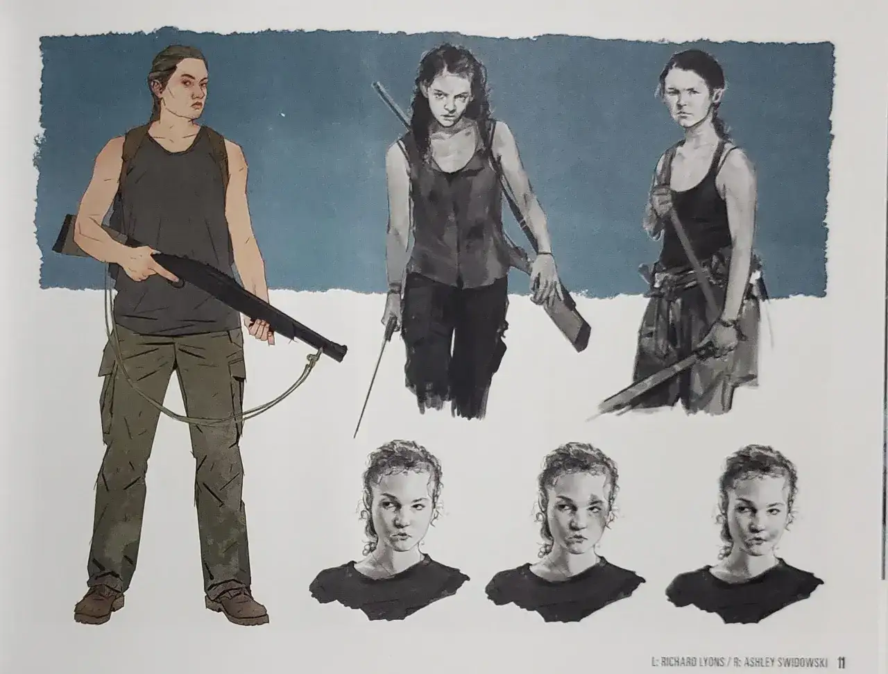 Skizzen von Abby aus The Last of Us Part II: eine mit Gewehr, zwei mit Waffen, und drei Porträts ihres Gesichts.