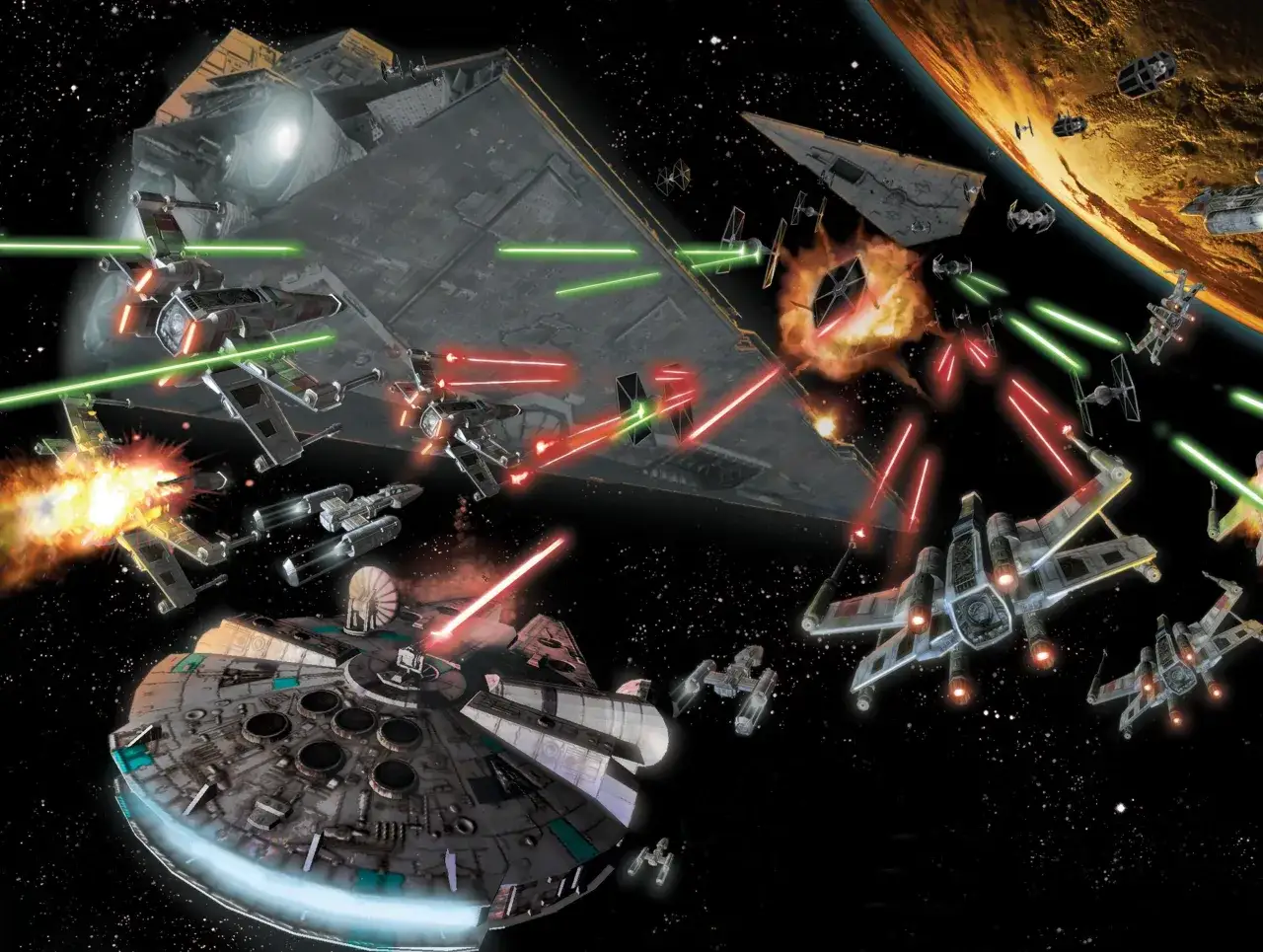 Bitwa kosmiczna: Rebeliancki starfighter i Sokoła Millennium walczą z imperialnymi niszczycielami i myśliwcami TIE.