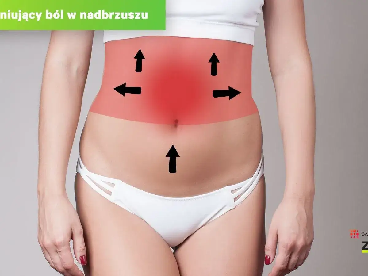 Ból w nadbrzuszu może wskazywać na problemy z trzustką. Strzałki pokazują obszar bólu.