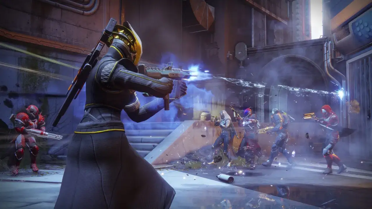 Jugadores en armadura futurista disparan armas de energía en combate. ¡Descubre los mejores juegos gratis PC!