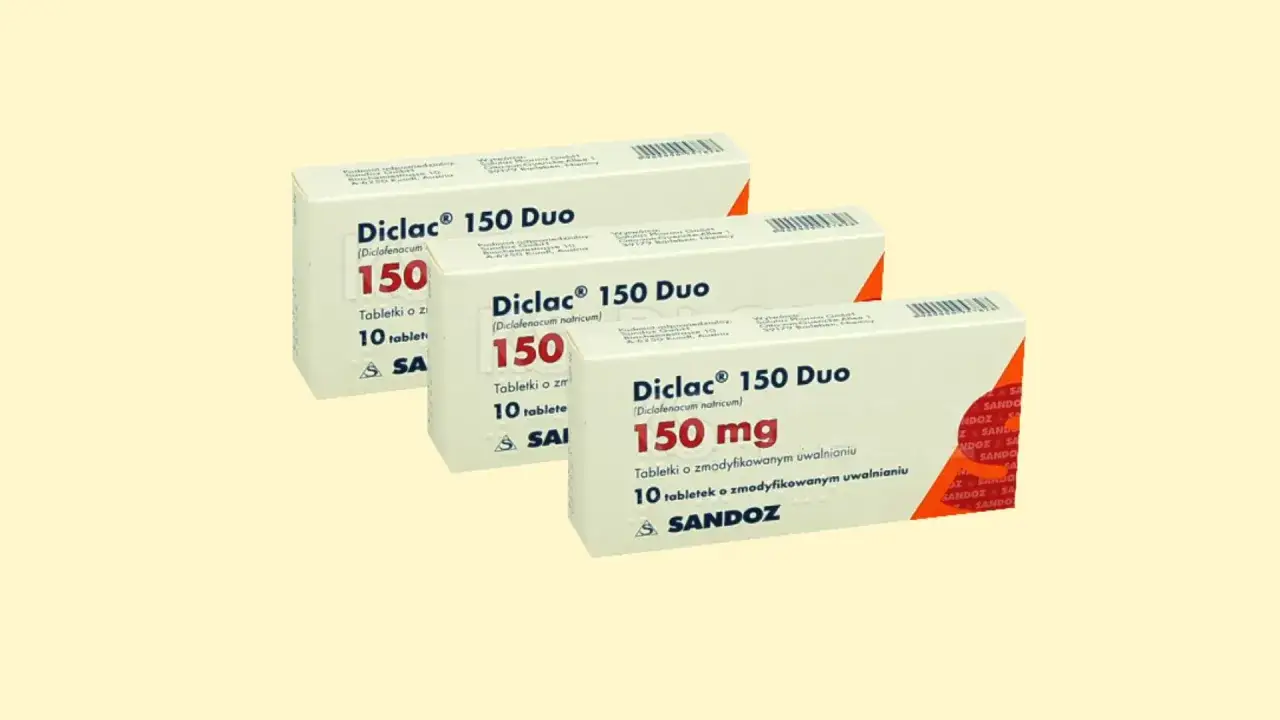 Opakowania leku Diclac 150 Duo, zawierające 10 tabletek o zmodyfikowanym uwalnianiu.