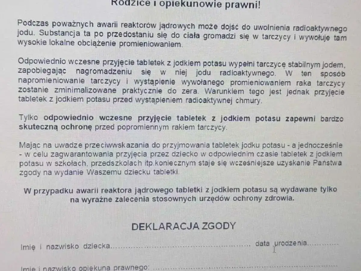 Tabletki z jodkiem potasu chronią tarczycę przed radioaktywnym jodem w przypadku awarii reaktora jądrowego.