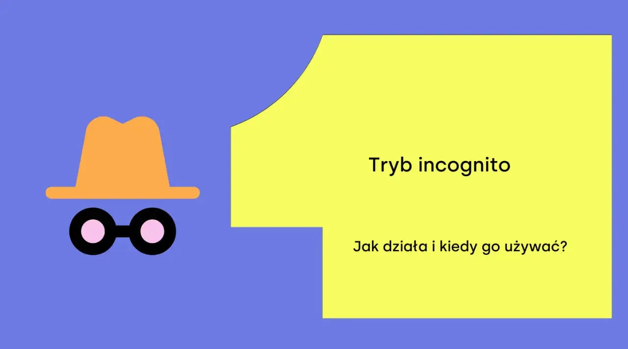 Grafika przedstawia postać w kapeluszu i okularach, symbolizującą tryb **incognito**. Obok tekst: