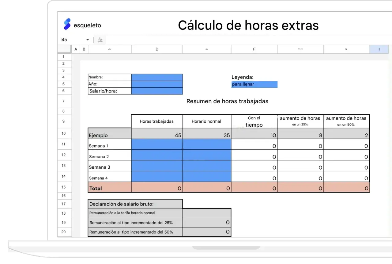 Hoja de c&aacute;lculo para calcular horas extras estructurales, mostrando resumen de horas trabajadas y c&aacute;lculo de salarios.